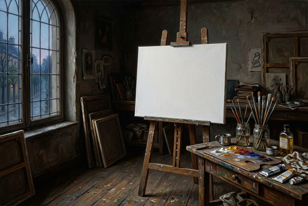 A blank stretched canvas on an easel in a quiet studio, brushes waiting