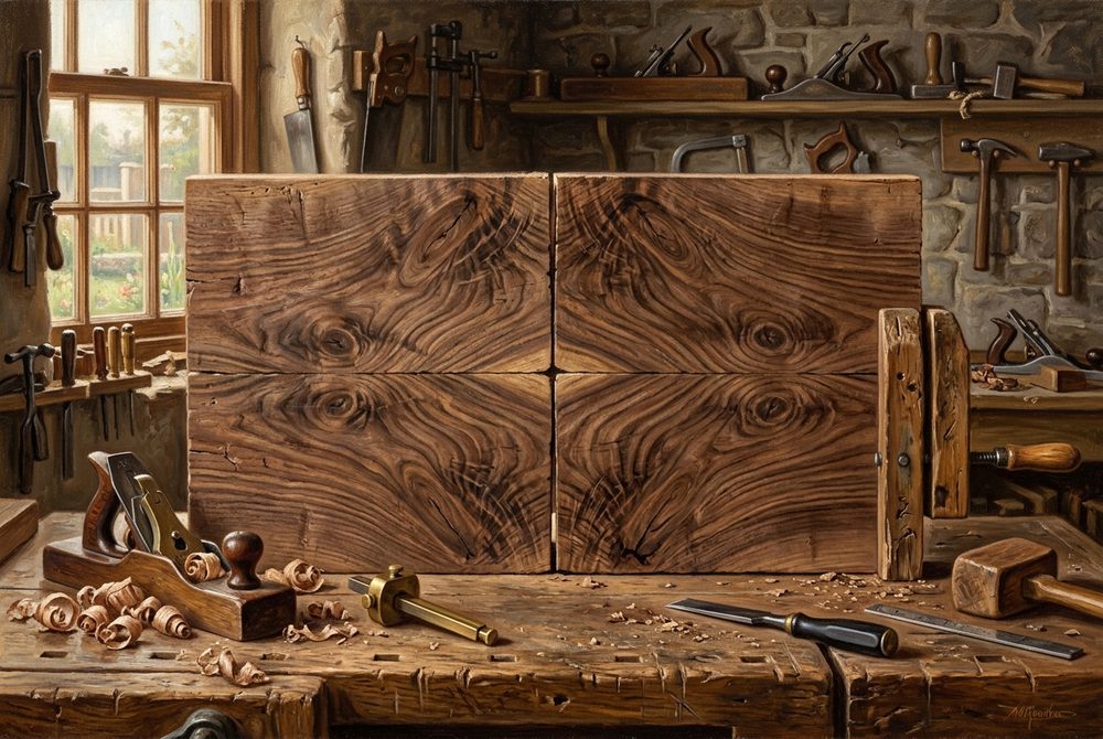 A woodworker opening one split plank of wood into two matching halves with the same grain