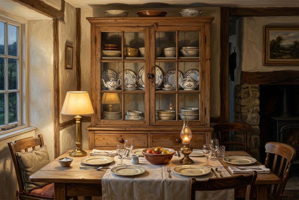 An heirloom china cabinet, good plates behind glass, everyday dishes drying by the sink
