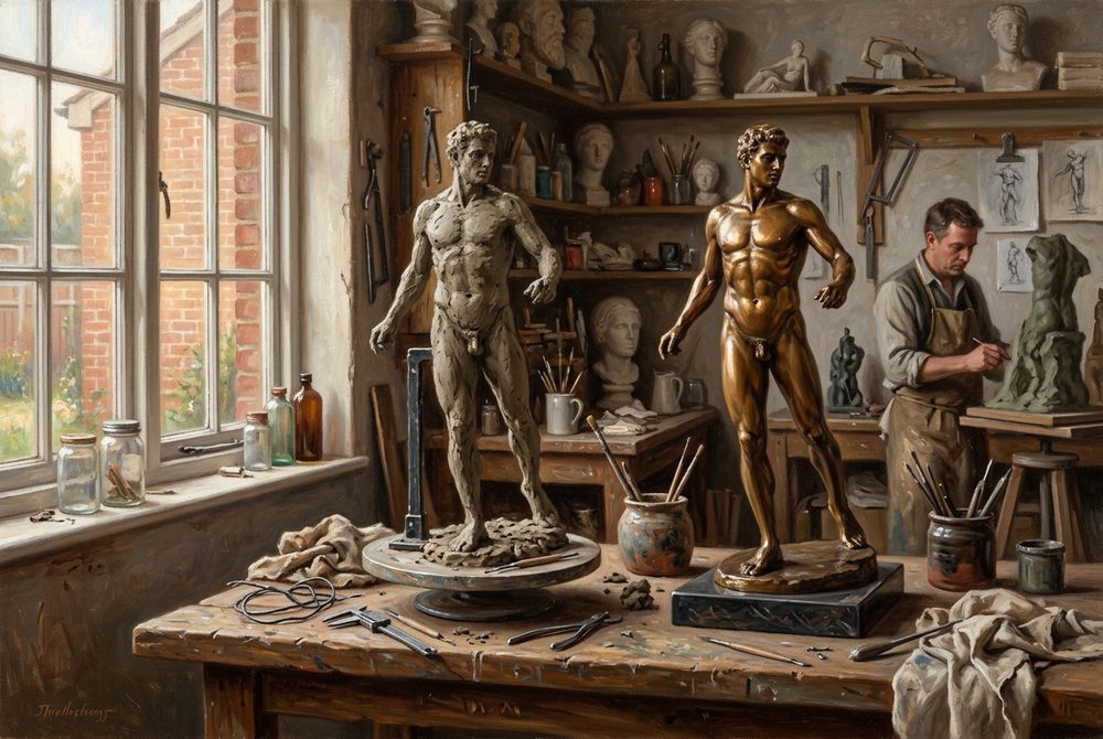 A sculptor's clay model standing beside the finished bronze cast of the same figure