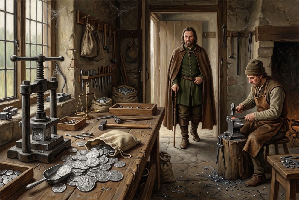 A hand holding a coin bearing a king's profile, with the king himself standing in the doorway behind