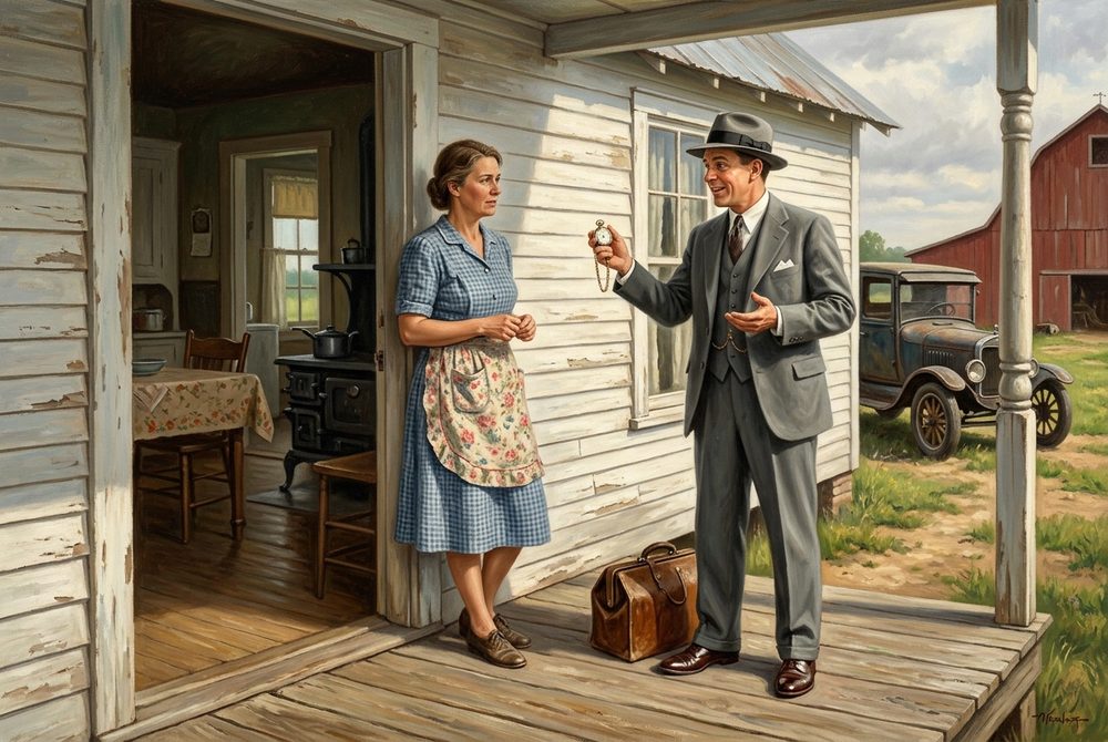 A smooth-talking peddler at a farmhouse door at dusk, holding out something shiny