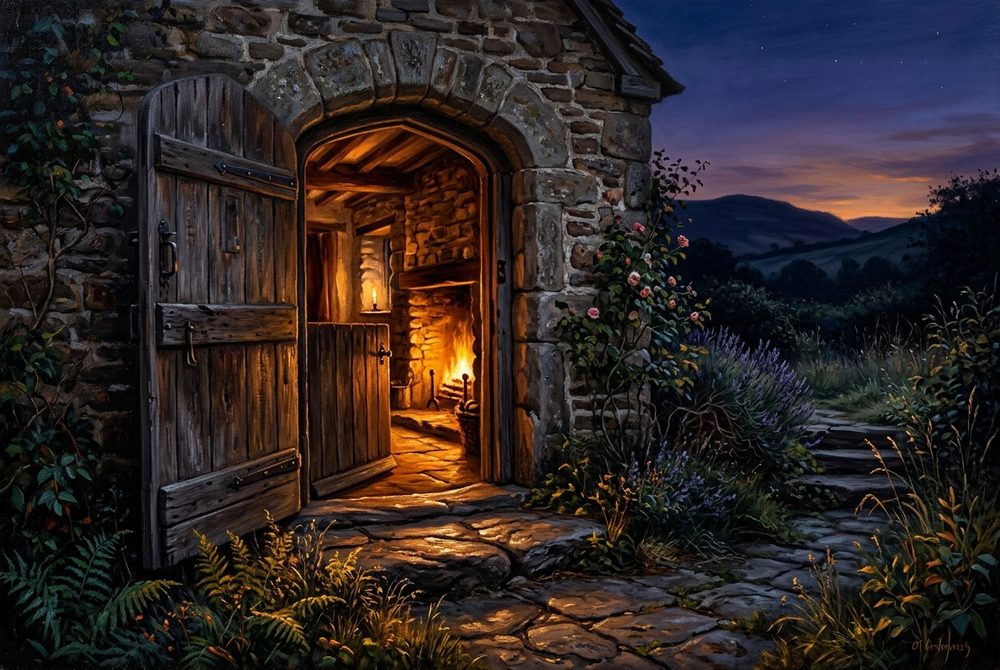 A cottage door standing open at dusk, firelight spilling out onto the stone threshold, nobody yet in the doorway
