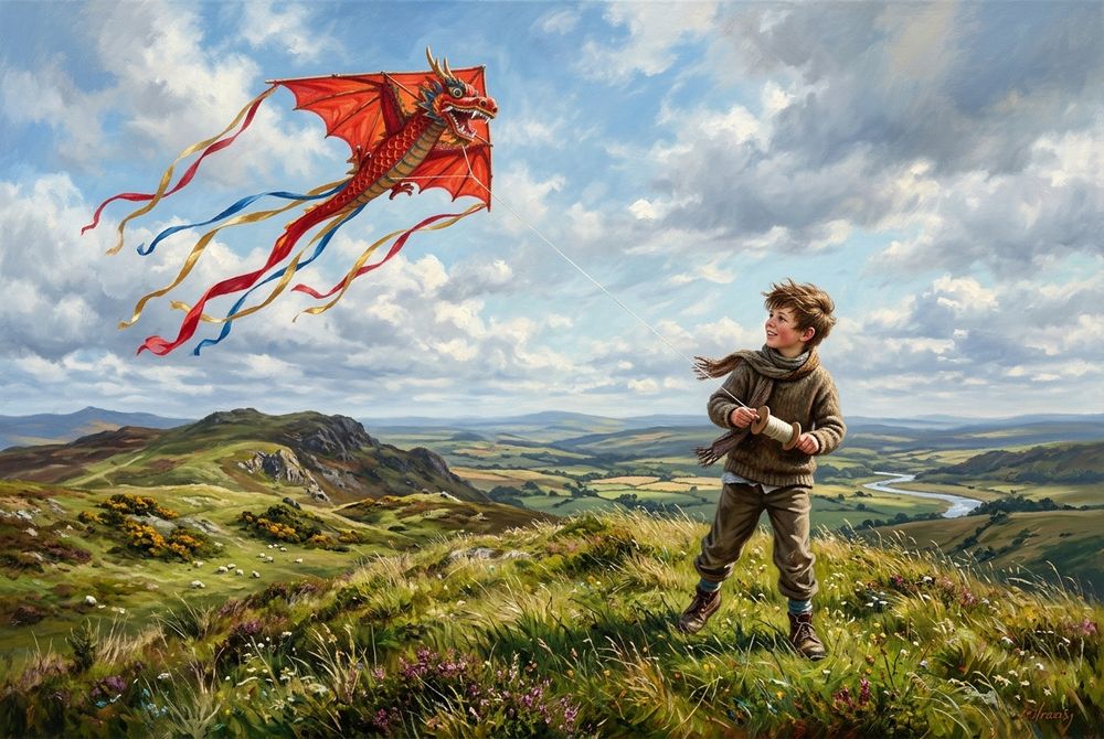 A boy flying a large scarlet dragon kite on a string