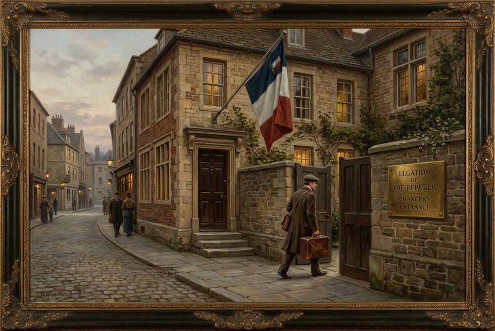 A small embassy on a foreign street, another nation's flag over the door, a traveler stepping through the gate