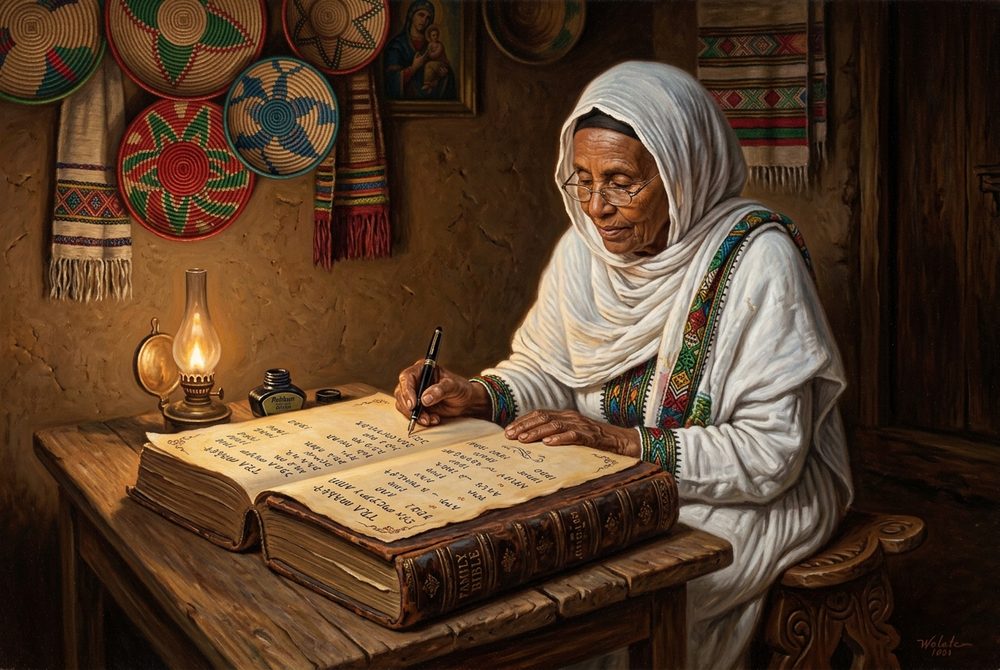 A grandmother by lamplight adding a name to the handwritten flyleaf of an old family Bible