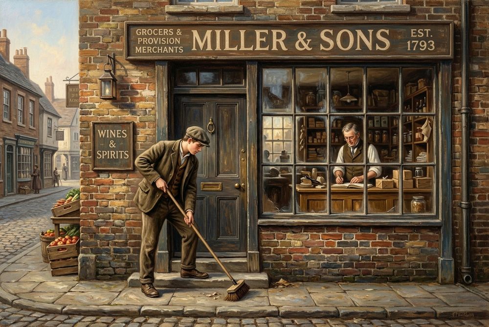 A storefront sign reading Miller and Sons, a son sweeping the step