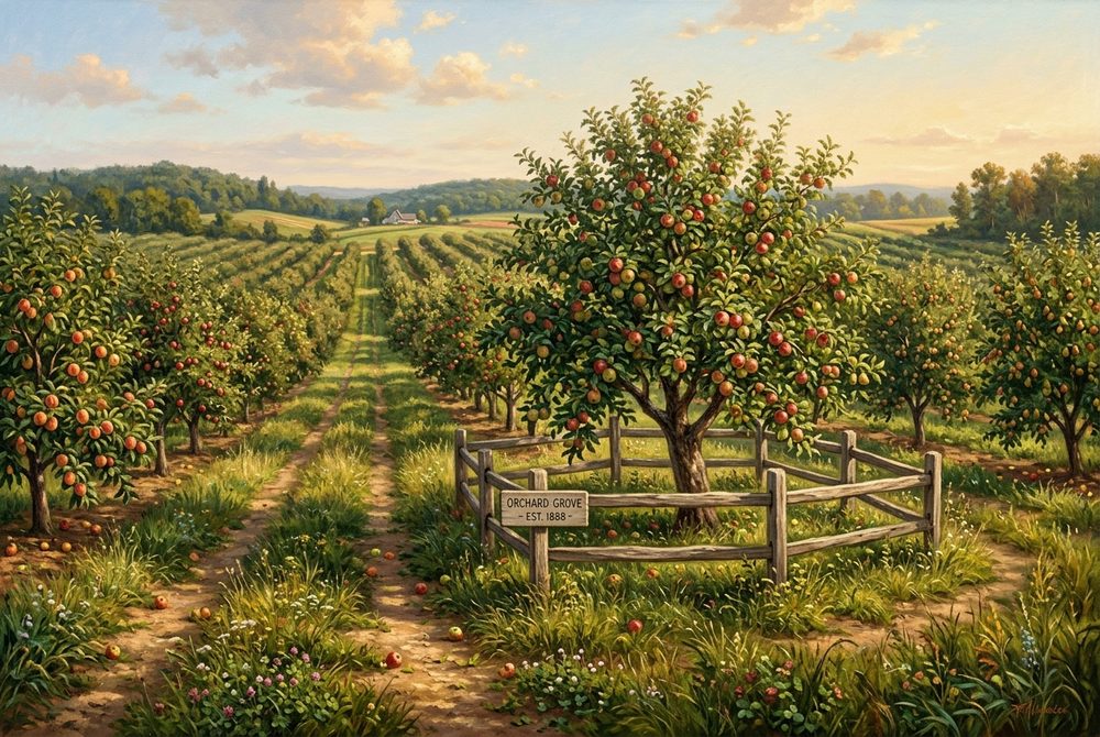 An open orchard with rows of fruit trees, and one tree set apart behind a low fence with a plain sign