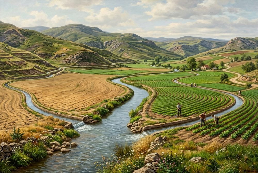 A spring-fed channel splitting into four smaller channels across dry farmland, with green growth spreading along each one