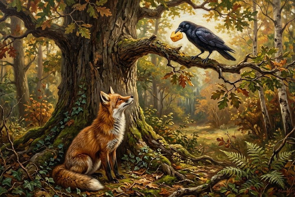 Aesop's fox looking up at a crow holding cheese, painted realistically