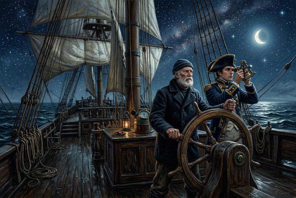 A helmsman and an officer with a sextant steering a ship by the night sky