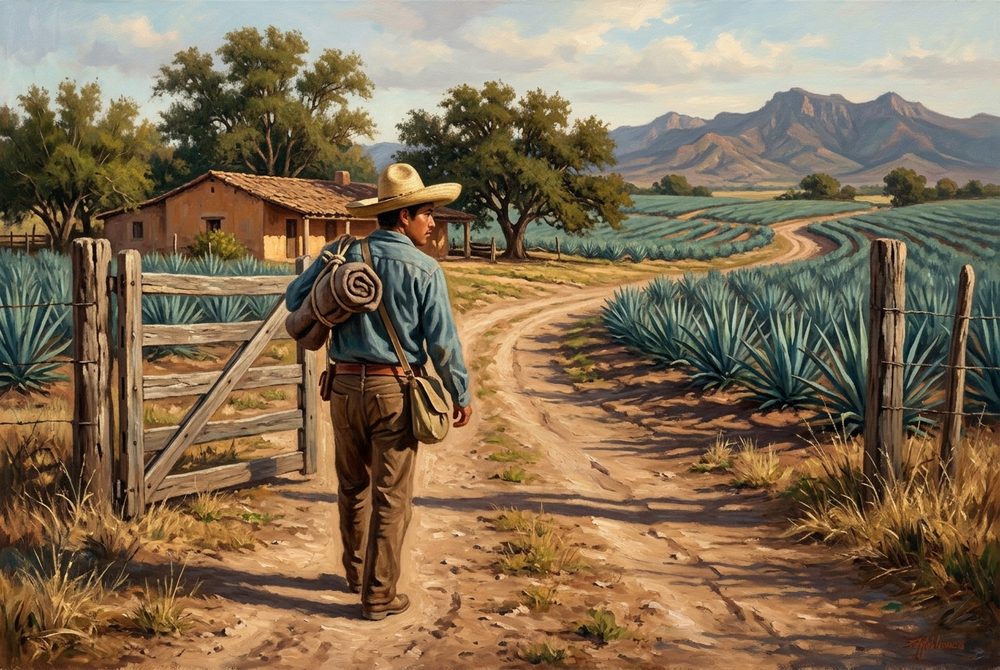 A young man leaving the family land with a bundle on his shoulder, the gate behind him