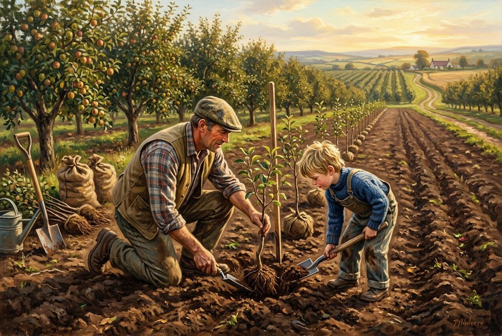 A farmer and son planting a new orchard row toward the horizon