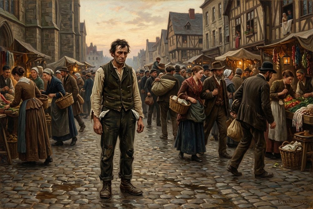 A man in a market square at dusk, his coat gone and his pockets turned inside out, the crowd moving on