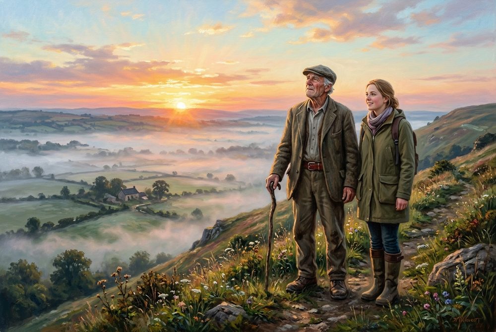 An old farmer and a young visitor standing on a hillside at sunrise, the farmer reading the sky with recognition while the visitor simply admires the colors