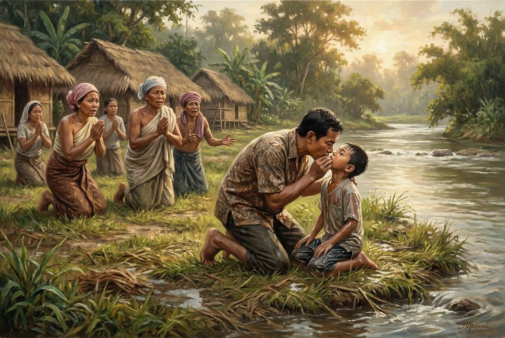 A rescuer kneeling at a riverbank, giving a rescue breath to someone pulled from the water