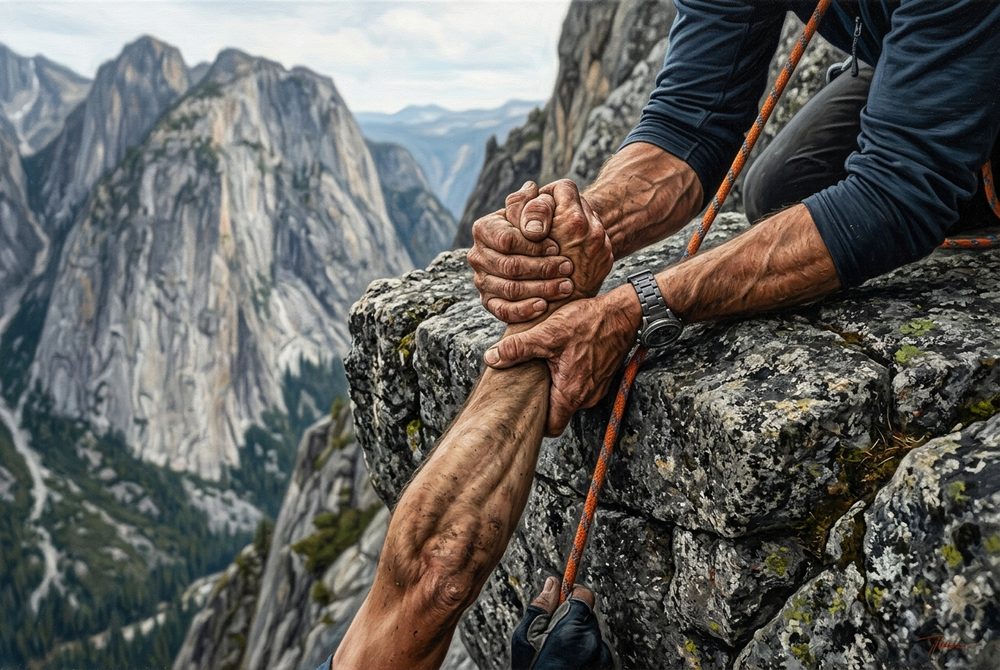 A climber's forearm gripped firmly by a hand reaching down from above a rocky ledge