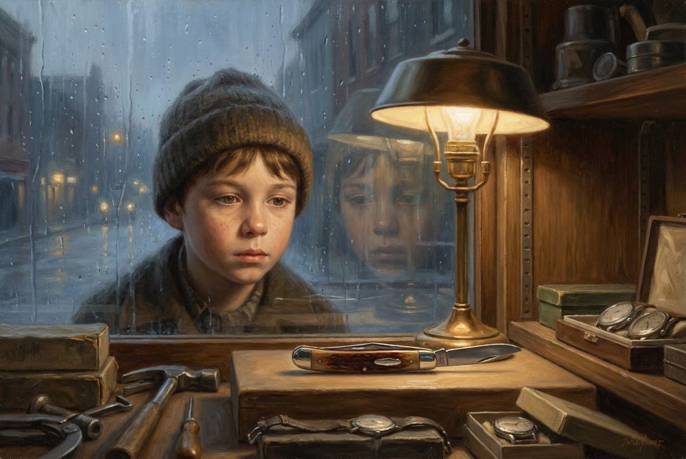 A man stopped on a dark street in front of a lit shop window, looking in at something on display
