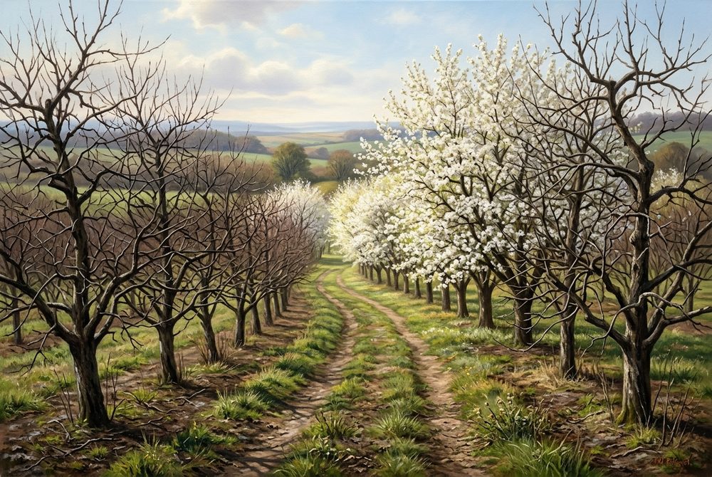 A row of bare orchard trees breaking into blossom in early spring