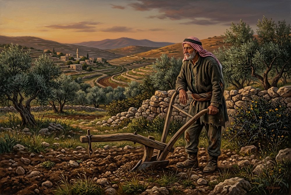 A farmer at dusk leaning on his plow in a half-broken, stony terraced field, thorns growing along the wall