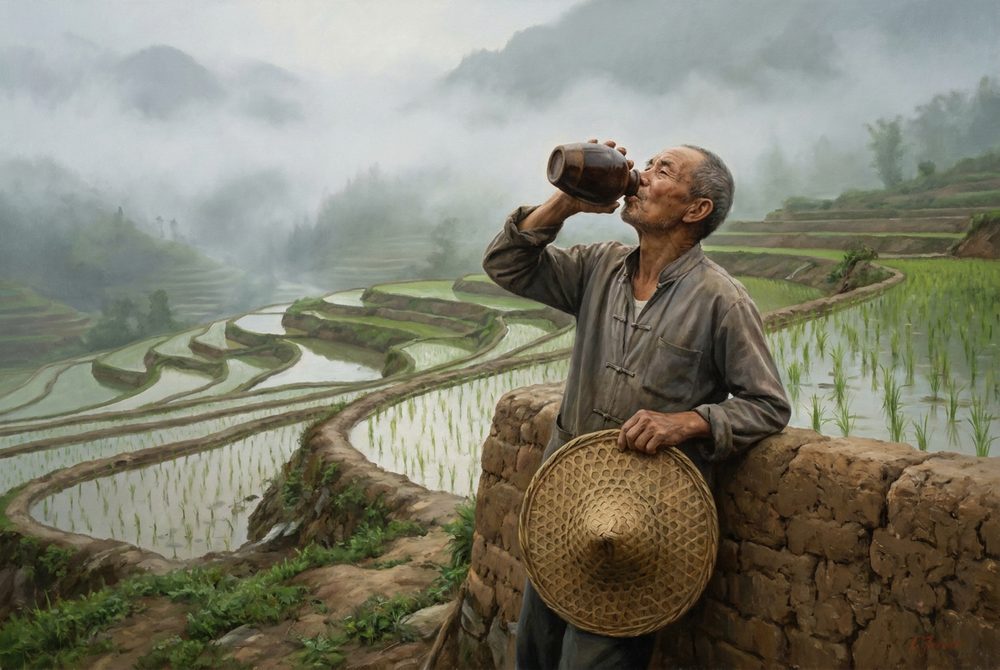 A farmer at the edge of his terraced rice field, head back, drinking deep from a clay water jug