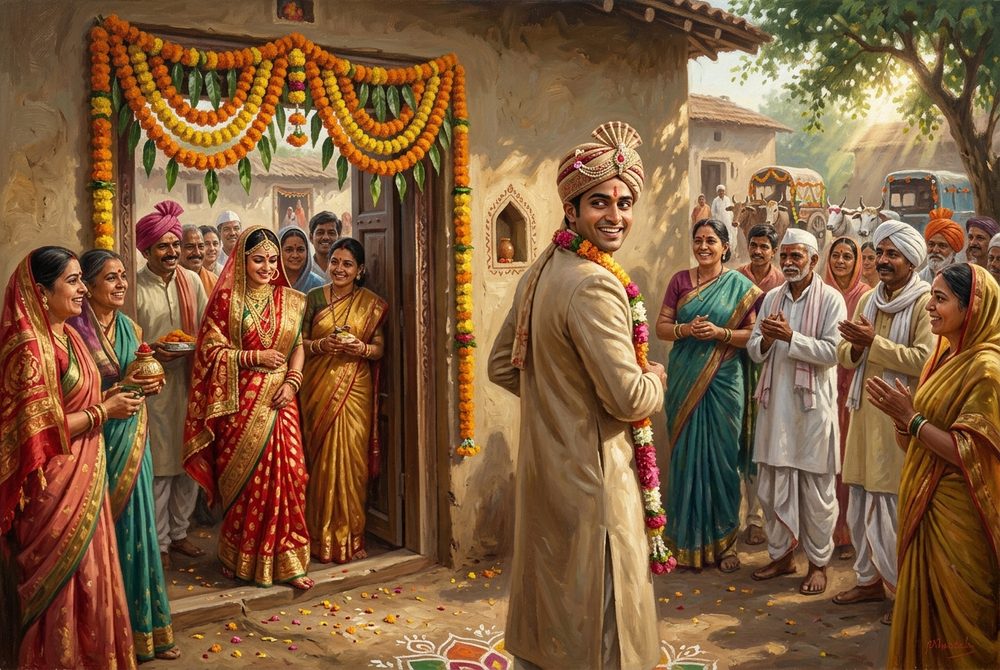 A groom turning at an open doorway as his bride appears, his face lit with recognition