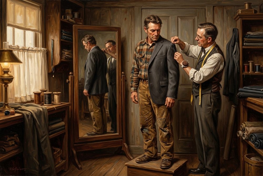 A working man standing at a tailor's mirror being fitted for a wedding suit